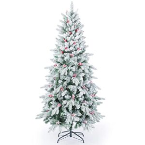 Artificial Christmas Tree,Snow Flocked Pencil Tree with Red Berry Decor 5FT,Unlit
