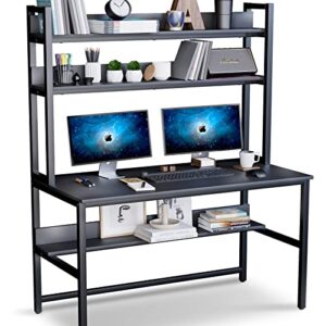 Computer Desk with Hutch and Bookshelf, 47 Inches Black Home Office Desk with Space Saving Design, Metal Legs Table Desk with Upper Storage Shelves for Study Writing/Workstation, Easy Assemble
