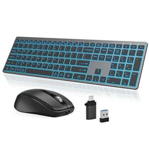 Earto K637 Wireless Keyboard and Mouse, 7 Color Backlit, 2.4G USB Keyboard, 3 Level DPI Mice, Rechargeable Keyboard Mouse, with One USB Nano Receiver, for Windows/Mac OS/Laptop/PC, Grey