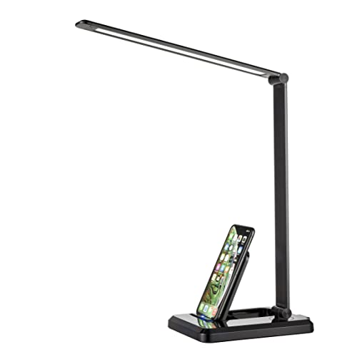 Fugetek LED Desk Office Lamp with Wireless Charger & USB Charging Port, Touch Control, 5 Lighting Modes, 30/60 Min Auto Timer, Eye-Caring, Dimmer, Black