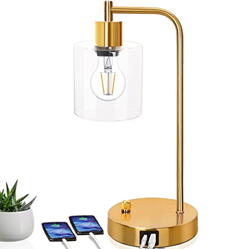 Gold Industrial Table Lamp with 2 USB Ports, Elizabeth Vintage Desk Lamp, 3-Way Dimmable Bedside Reading Lamp with Glass Shade for Bedroom Living Room Office, LED Nightstand Lamp with Edison E26 Bulb