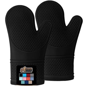 Gorilla Grip Heat and Slip Resistant Silicone Oven Mitts Set, Soft Cotton Lining, Waterproof, BPA-Free, Long Flexible Thick Gloves for Cooking, BBQ, Kitchen Mitt Potholders, Sets of 2, 12.5 in, Black