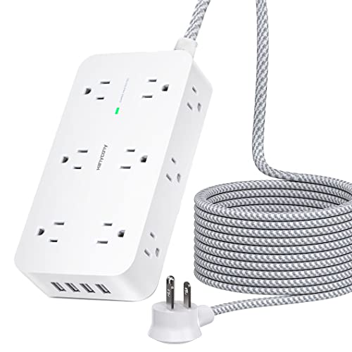 Power Strip Surge Protector- 3 Side 12 Wide Outlets 4 USB Ports, 5Ft Extension Cord Flat Plug, Overload Surge Protection, Wall Mount, Desk Charging Station for Office Home Dorm Essentials ETL Listed
