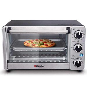 Toaster Oven 4 Slice, Multi-function Stainless Steel Finish with Timer - Toast - Bake - Broil Settings, Natural Convection - 1100 Watts of Power, Includes Baking Pan and Rack by Mueller