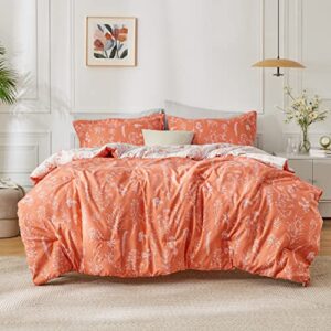BEDSURE Queen Comforter Set Coral Orange - Cute Floral Bedding Comforter Sets, 3 Pieces Reversible Flowers Botanical Soft Bed Set with 2 Pillow Shams