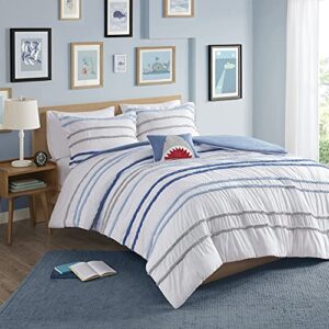 Comfort Spaces Marlo Cotton Comforter Set - Vibrant Color and Adorable Print, Cozy Bedding with Matching Shams, Decorative Pillow, Chenille Stripes Blue, Twin/Twin XL 3 Piece