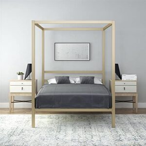 DHP Modern Metal Canopy Platform Bed with Minimalist Headboard and Four Poster Design, Underbed Storage Space, No Box Spring Needed, Queen, Gold