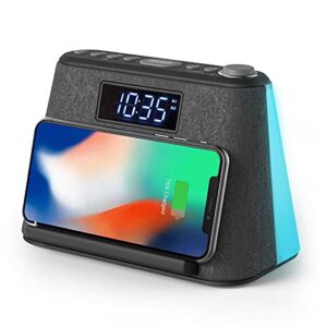 Digital Alarm Clock Radio, Bedside LCD Alarm Clock with USB Charger & Wireless QI Charging, Bluetooth Speaker, FM Radio, RGB Mood LED Night Light Lamp, Dimmable Display and White Noise Machine