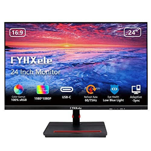 FYHXele FY24C Business Computer Monitor 24 Inch 75Hz, IPS FHD 1080P, 2xHDMI, USB Type-C, Built-in Speakers, Adaptive Sync, VESA for Office Home, Black