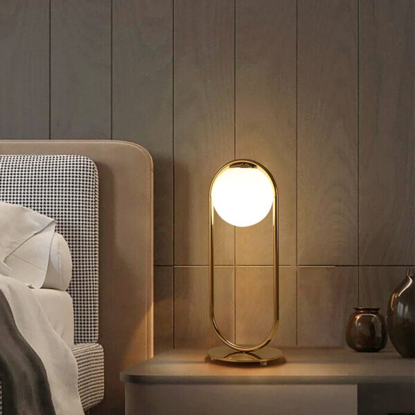 Globeal Gold Metal White Glass Globe Table Lamp LED for Bedroom
