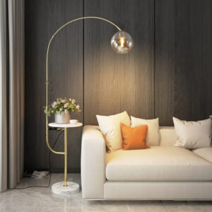 Modern Arc Floor Lamp with Shelf & Wireless Charger & USB Charging Port