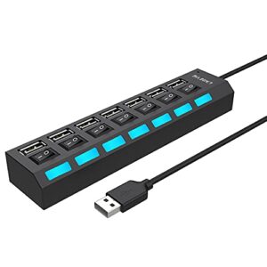 Multi Port USB Splitter, 7 Port USB 2.0 Hub, USB A Port Data Hub with Independent On/Off Switch and LED Indicators, Lights for Laptop, PC, Computer, Mobile HDD, Flash Drive and More (Black 2.0)