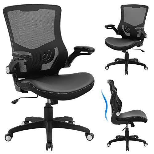 Office Chair Ergonomic Desk Chair - Adjustable Height PU Leather Home Office Desk Chairs, Swivel Mesh Midback Computer Chair with Lumbar Support and Flip-up Armrests Executive Office Task Chair, Black