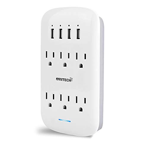 oviitech 6 Outlet Extender with 4 USB Charging Ports(4.2A Total),Wall Mount Outlet Plugs 900 Joules Wall Surge Protector And Top Phone Holder,ETL Listed,White.