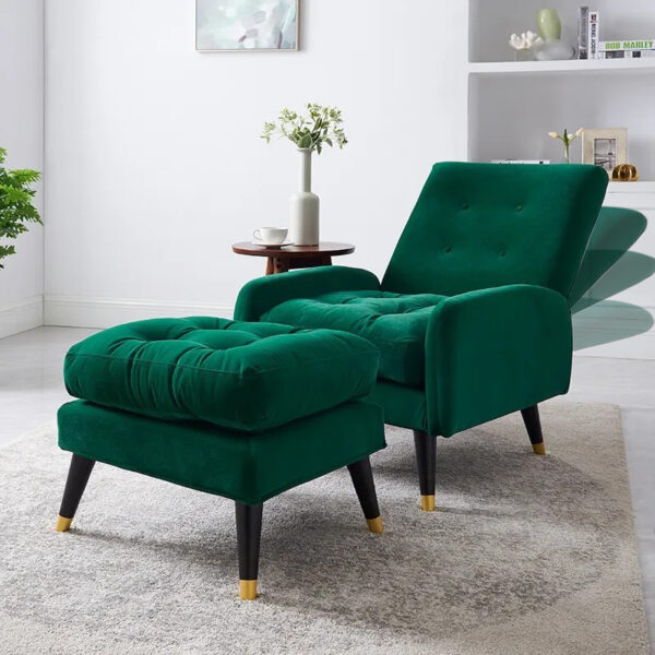 Scandinavian Green Velvet Chaise Lounge Chair with Ottoman & Adjustable Back