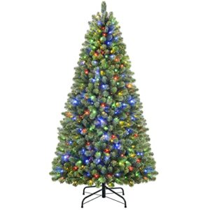 SHareconn 6ft Prelit Premium Artificial Hinged Christmas Tree with 330 Warm White & Multi-Color Lights, 1018 Branch Tips and Foldable Metal Stand, Perfect Choice for Xmas Decoration, 6 FT