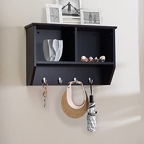 SJ COLLECTION Wood Floating Shelves for Wall Mount, Hanging Storage Shelf with Hooks for Bedroom, Living Room, Black