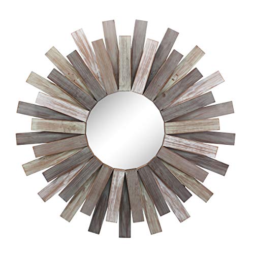 Stonebriar Large Round 32" Wooden Sunburst Hanging Wall Mirror with Attached Hanging Bracket, Decorative Rustic Decor for the Living Room, Bathroom, Bedroom, and Entryway