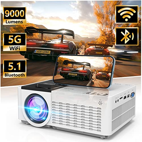 TMY 5G WiFi Projector with Bluetooth 5.1, 9000 Lumens HD Movie Projector, 1080P Supported Mini Projector, Portable Outdoor Projector, Compatible with TV Stick, Phone, Computer, HDMI, USB, AV, TF