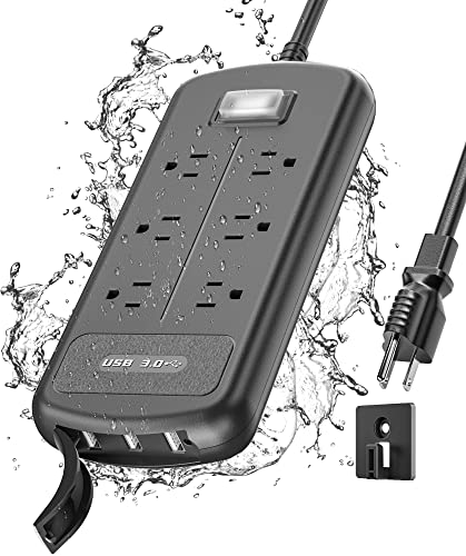 USB Outdoor Power Strip Weatherproof, Waterproof Surge Protector with 3 USB Ports and 6 Outlets, 6 FT Extension Cord, Shockproof Overload Protection, Mountable for Home Office Patio Porch, Black