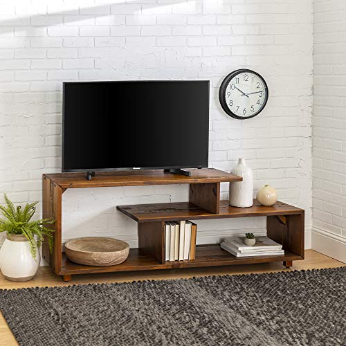 Walker Edison Meier Contemporary 2 Tier Asymmetrical Solid Wood TV Stand for TVs up to 50 Inches, 60 Inch, Amber