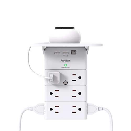 Wall Outlet Extender with Shelf, Addtam Multi Plug Outlet Surge Protector with 12 AC Outlets and 3 USB Ports (1 USB-C), Outlet Splitter Power Strip for Home, Office, Dorm