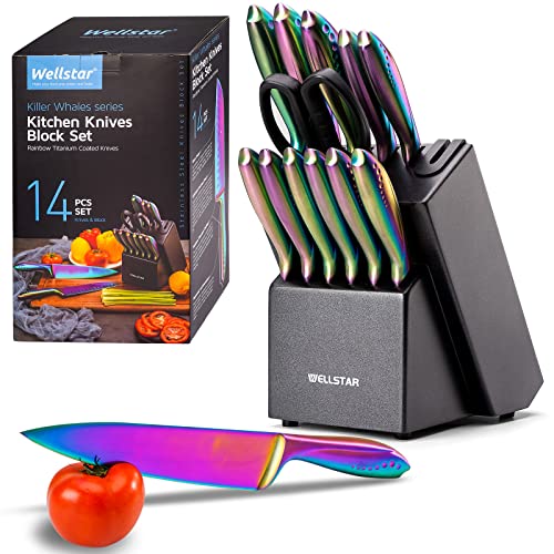 WELLSTAR Rainbow Knife Set 14 Pieces, Iridescent German Stainless Steel Kitchen Knives Set with Wooden Block, Colorful Titanium Coating, Chef’s Knife Block Set with Scissors and Built-in Sharpener