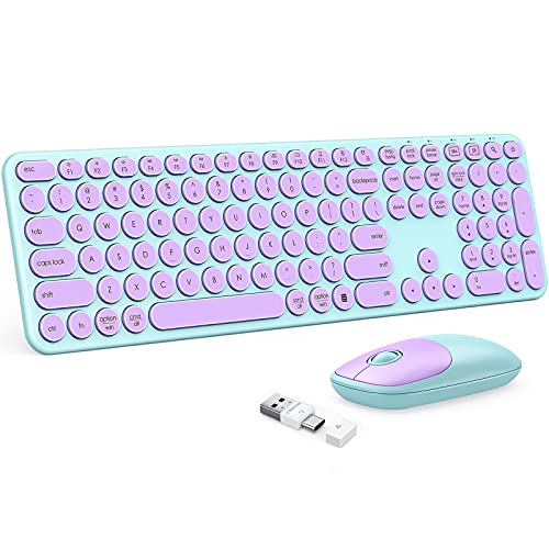 Wireless Keyboard and Mouse Combo, seenda USB / Type C Wireless Mouse and Keyboard for Mac and Windows, USB C Full Size Round Key Cute Keyboard for Mac, Windows 7/8/10, Laptop, Computer (Purple Green)