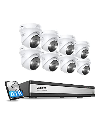 ZOSI 16CH 4K Spotlight PoE Security Camera System,8pcs 4K 8MP Indoor Outdoor PoE IP Cameras,Two-Way Audio and Siren,Color Night Vision,Human Detection,16CH 8MP NVR with 4TB HDD for Home 24/7 Recording