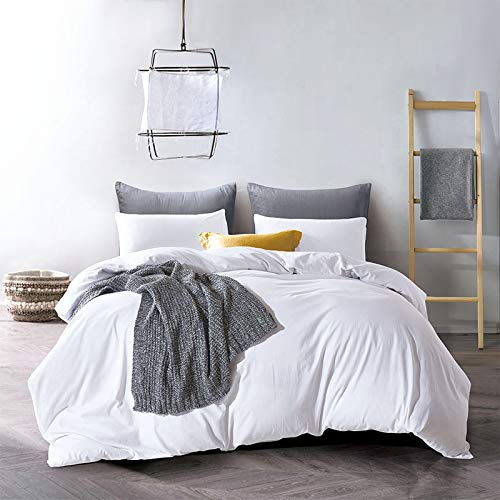 ATsense Duvet Cover Queen Size, 100% Washed Cotton Linen Feel Super Soft Comfortable, 3-Piece White Duvet Cover Bedding Set, Durable and Easy Care, Simple Style Farmhouse Comforter Cover