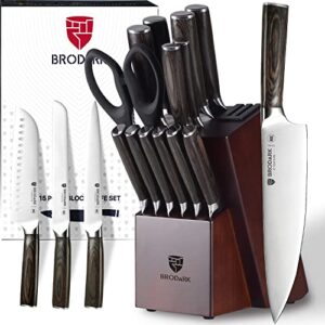 BRODARK Kitchen Knife Set with Block, Upgraded Ultra Sharp 15 PCS German Stainless Steel Professional Chef Knife Set with Knife Sharpener, NSF Certified Full Tang Knife Block Set, Gift for Men I Women