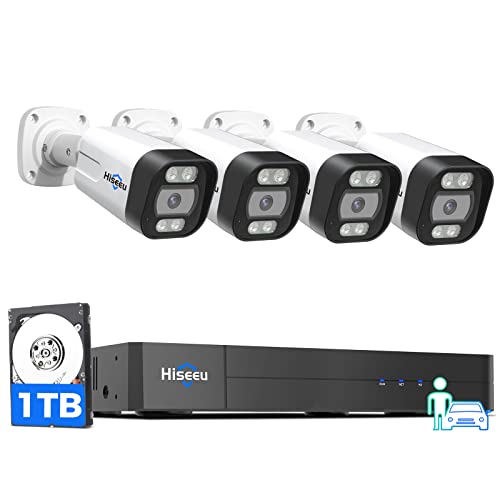 [Person Vehicle Detection] Hiseeu 4K PoE Security Camera System,8 Ports 16CH PoE NVR with 4Pcs 5MP IP Security Camera for Outdoor, Waterproof,Smart Detection/ Playback,1TB HDD,Home Surveillance Kits