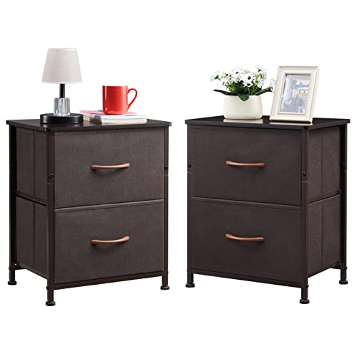 Somdot Nightstands Set of 2 with 2 Drawers, Bedside Table Small Dresser with Removable Fabric Bins for Bedroom Nursery Closet Living Room - Sturdy Steel Frame, Wood Top - Coffee Brown/Dark Walnut