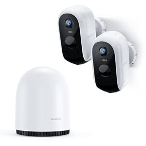 WUUK 2 Cameras for Home Security Outdoor Wireless WiFi, 2K Battery Powered Outdoor Wireless Security Camera with Base Station, No Monthly Fee, IP67, Free 32GB Local Storage, Google & Alexa Compatible
