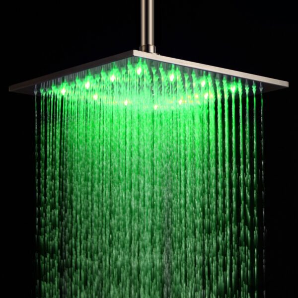 12 Inch Modern LED Stainless Steel Square Ceiling Mount Rain Shower Head in Brushed Nickel