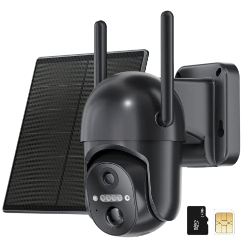 4G LTE Cellular Solar Security Camera Wireless Outdoor, No WiFi Battery Cameras(Verizon, AT&T and T-Mobile), 360° View, 2K Color Night Vision, PIR Motion Sensor, 2 Way Audio(64G SD&SIM Card Included)