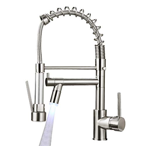 AIMADI Commerical Kitchen Faucet with Sprayer,Single Handle Pull Down Sprayer Kitchen Sink Faucet with LED Light Two Spout,Brushed Nickel