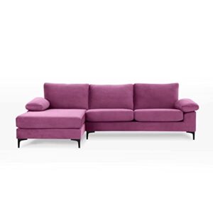 Casa Andrea Milano Modern Sectional Sofa L Shaped Velvet Couch, with Extra Wide Chaise Lounge and Black Legs, Purple