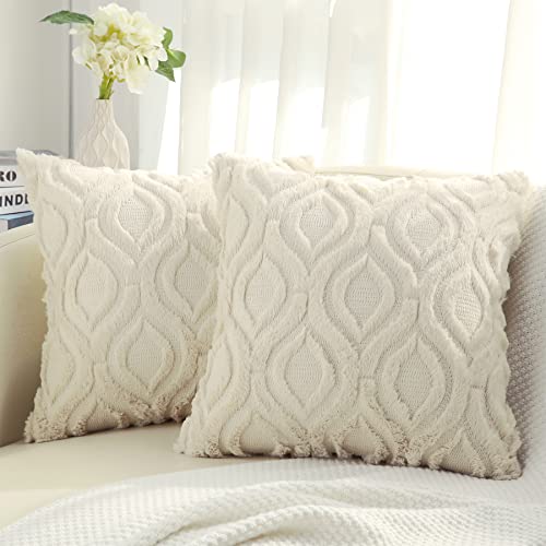 decorUhome Decorative Throw Pillow Covers 16x16, Soft Plush Faux Wool Couch Pillow Covers Set of 2, Beige