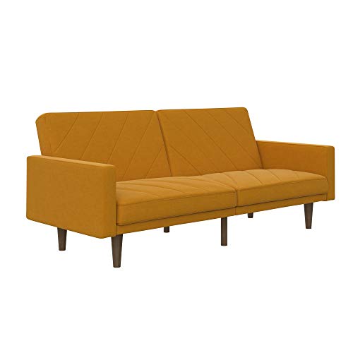 DHP Paxson Convertible Futon Couch Bed with Linen Upholstery and Wood Legs - Mustard