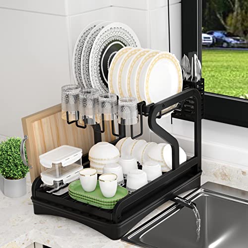 Dish Drying Rack for Kitchen Counter Over The Sink, Larger 2-Tier Dish Drying Rack Drainboard Set with Double-Layer Bowl Rack, Cup Rack, Drain Board, Sticky Board Rack, Cutlery Rack.