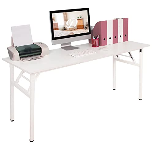 DlandHome 62 Inches Large Home Office Computer Desk, No Install Needed, Composite Wood Board, Folding Dining Table/Workstation, 62 Inches White and White Legs, 1 Pack