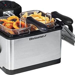 Elite Gourmet 1700 Watt Stainless Steel 3-Basket Electric Deep Fryer with Timer and Temperature Knobs, 4.2L/17-Cup, Stainless Steel