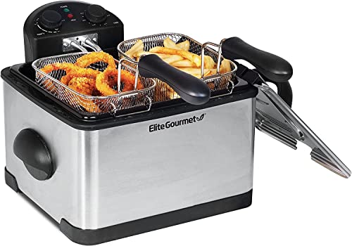 Elite Gourmet 1700 Watt Stainless Steel 3-Basket Electric Deep Fryer with Timer and Temperature Knobs, 4.2L/17-Cup, Stainless Steel