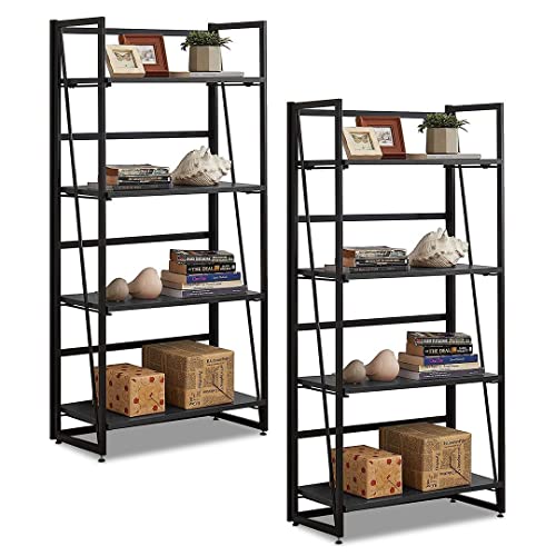 Halter 4-Tier Industrial Bookshelf Standing Shelving Unit Folding Book Shelf Organizer Wood Bookshelf Shelves for Living Room Office or Bedroom 2 Pack Black