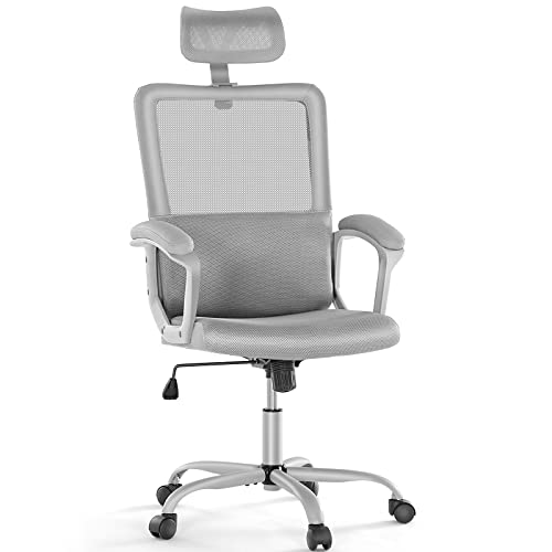 Home Office Chair Ergonomic Computer Desk Chair Mesh High Back Adjustable Height Executive Task Chair with Lumbar Support, Headrest, Padded Armrest, 360° Swivel Rocking Function,Grey