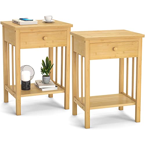 Homykic Nightstands Set of 2, Bamboo Bedside Table End Table Side Table with Drawer and Storage Shelf for Bedroom, Lounge, Space Saving, Easy Assembly, 15.8" W x 13.8" D x 23.6" H, Natural