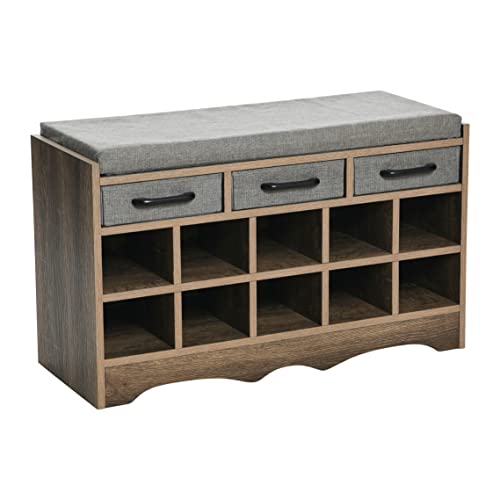 Household Essentials Shoe 10 Cubbies, Cushioned Seat and Storage Drawers, Ashwood Finish Entryway Bench