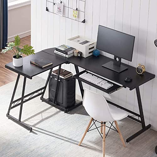 L-Shaped Computer Desk with CPU Stand Home Office Gaming Desk Writing Table Interchangeable Switch Board Computer Workstation PC Laptop Table with Keyboard Tray, Round Corner (Jet Black)