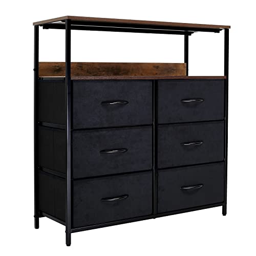 LYNCOHOME 6 Drawers Dresser with Shelves - Dresser for Bedroom, Closet, Clothes, Storage Tower Organizer, Chest of Drawers, Black Dresser for Bedroom, Fabric Drawers(Rustic Brown)